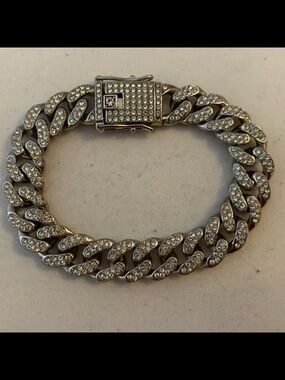Silver-Toned, Iced-Out Miami Cuban Link Bracelet.